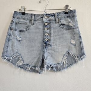 Eunina Lulu High-Rise Distressed Light Blue Denim Button Fly Shorts Size M